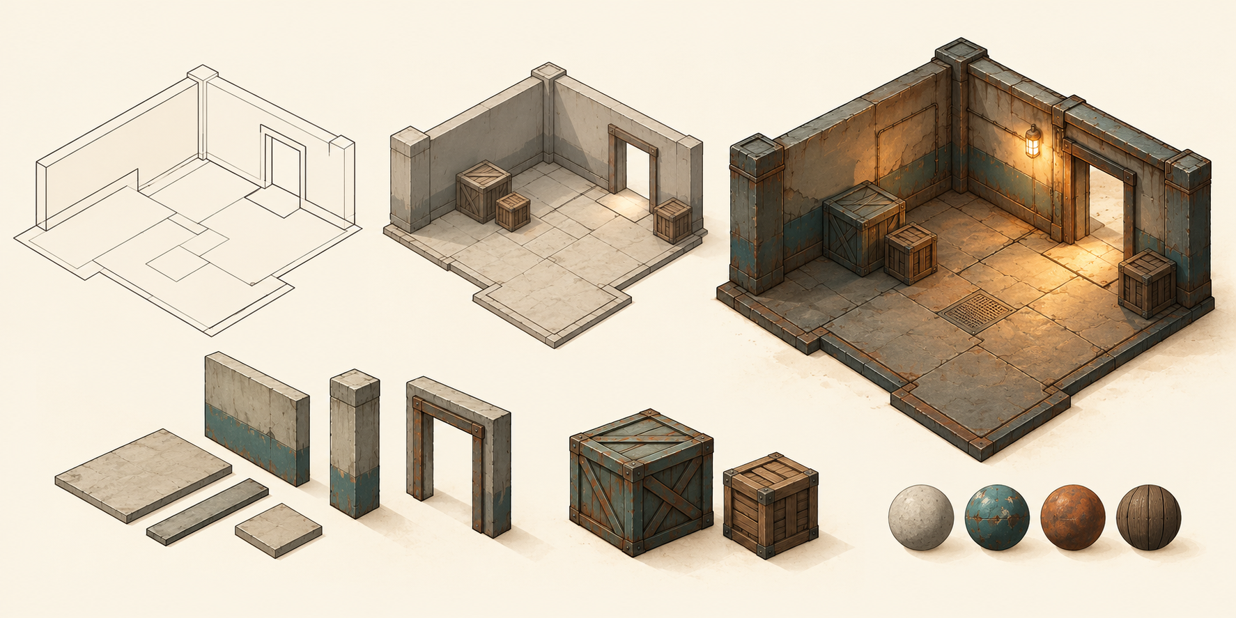 Concept illustration of a room taking shape from outlines, reusable crates and material swatches. This is artwork, not an editor screenshot.