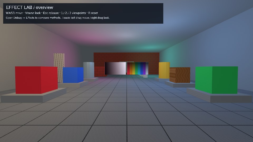 Colored material specimens, a grayscale ramp and colored lights in the effect lab.