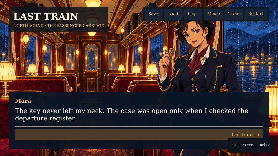 An anime conductor in a warmly lit 1930s train carriage, with branching dialogue choices.