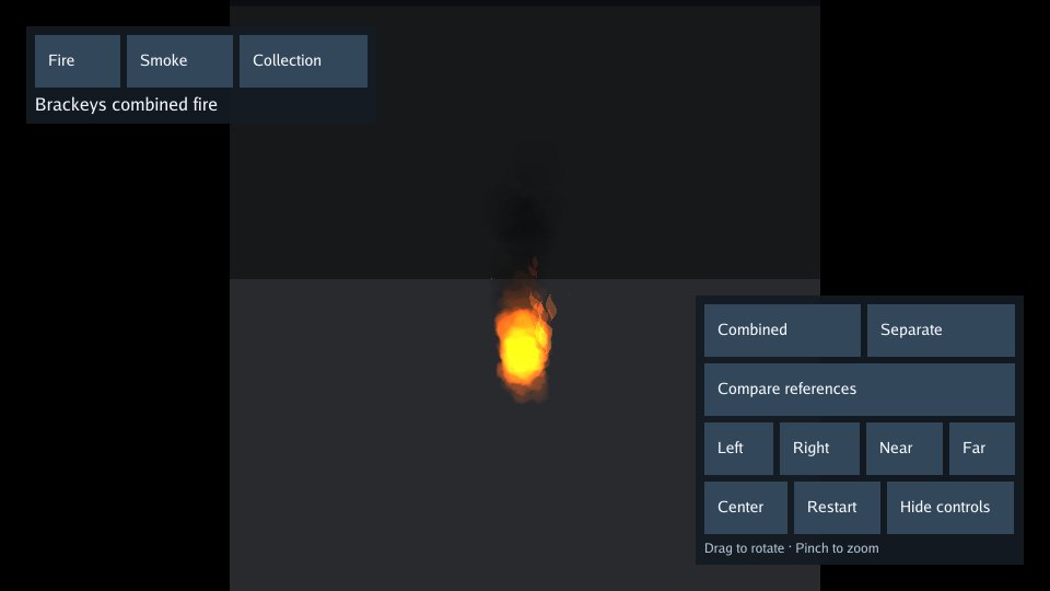 Orange flame and rising smoke in an empty 3D room, with controls for the reusable fire recipes.