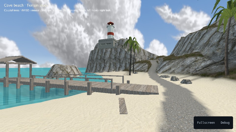 Tropical palms beside a sandy cove, cliff bunker and small wooden harbor.