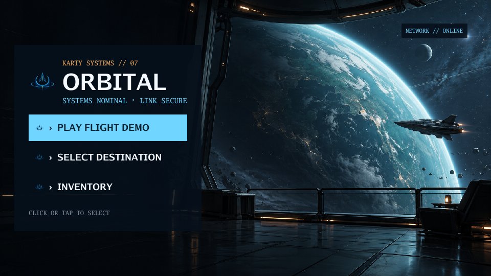 Orbital main menu inside a spaceship cockpit, with a planet outside.