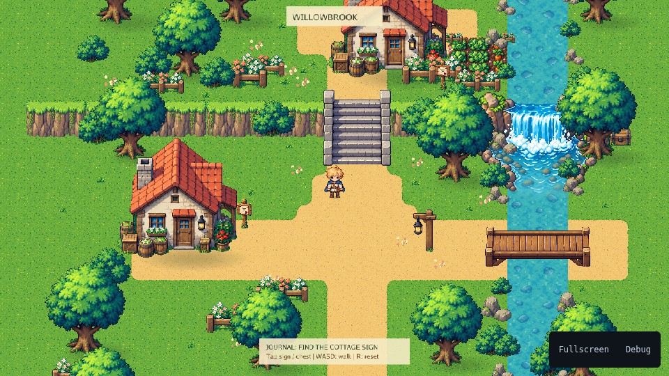 An adventurer between terracotta cottages, stone steps, a planted garden and a wooden bridge in the 2D village.